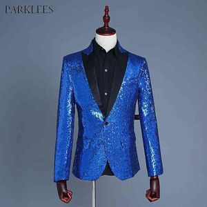 Glänsande Royal Blue Sequin Glitter One Knapp Blazer Jacket Män Nattklubb Party Bröllop Bankett Prom DJ Suit Blazer Masculino 210522