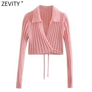 ZEVITY Kadınlar Tatlı Uzun Kollu Açık Dikiş Kemer Kısa Örgü Kazak Femme Chic Down Yaka Rahat Hırka SW800 210603 Tops