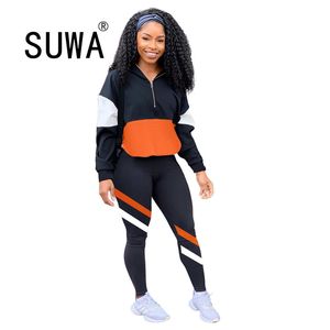 Höstsporter Patchwork Kvinnor Kläder Satser Två Piece Hoodies Toppar Jogger Byxor Suit Tracksuit ActiveWear Lounge Outfit 210525