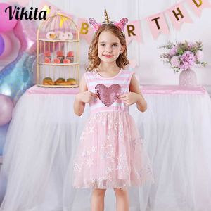 Vikita Kids Summer Dresses for Girl Children Striped Sleeveless Vestido Crianças Crianças Coração Lantejoulas Vestido Meninas Princesa Vestidos Q0716