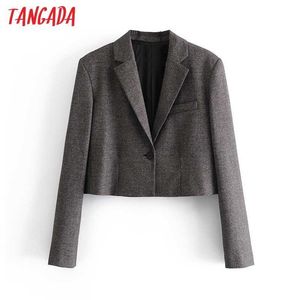 Tangada 여성 짧은 스타일 블레이저 코트 빈티지 노치 칼라 포켓 패션 여성 캐주얼 세련된 탑 3H450 210609