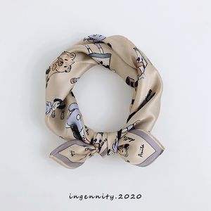 100% Natural Silk Scarf Women Neck Hair Band Foulard Square Small Headband Cartoon Girl Print Neckerchief Scarves Bandana