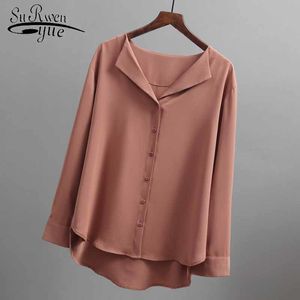 Moda mulher blusa manga comprida mulheres camisas chiffon marrom branco v-pescoço em v escritório senhoras tops 5104 50 210508