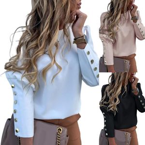 Fashion Office Lady Metal Button Back Long Sleeve Puff Shoulder Blouse Shirt Top Suitable for work school shopping daily wear X0521