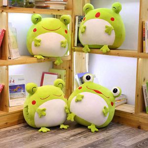 35cm Emotional Green Frog Plush Toy Down Cotton Stuffed Squishy Animal Functional Pillow Flannel Blanket Hands Warm Gift 210724