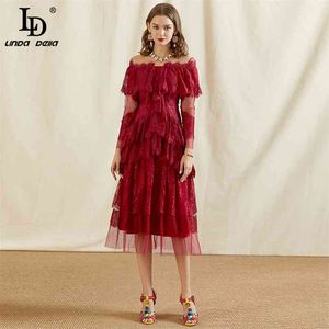 Verão Moda Designer Red Lace Dress Mulheres Manga Longa Tiered Ruffle Malha Retalhamento Elegante Party Vestidos 210522