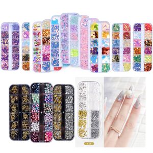 12 Grids/box 3D Nail Rhinestones Stones Laser Love Heart Butterfly Nail Sequins Mixed Color Sparkle Glitter Flakes Nail Art Colorful DIY Design Decals Accessories