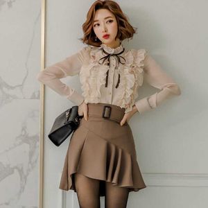 Autumn Korean Casual Sets Women office OL Work Wear two Pieces Set Ruffles bow Blouses Crop Top and short Skirt 210529