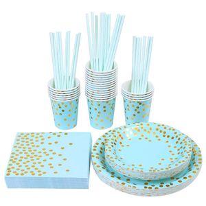 Tek kullanımlık yemek takımı mavi altın parti sofra seti dekorasyon kağıt fincan yemek tabak bıçak çatallı düğün doğum günü tedariki