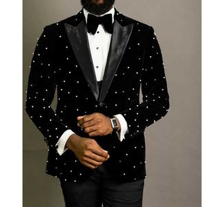 Pearl Beading Men Garnitury Slim Fit Black Velvet Ślub Tuxedos 2 szt. Afrykańska moda kurtka z spodnia Groom Nosić 2021 x0909