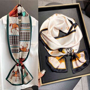 New 2021 Brand Silk Satin Skinny Scarf Women Print Horse Neck Tie Girls Hair Band Bag Belt Ribbon Bandana Shawl Wraps Foulard Y220228