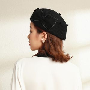 Stingy Brim Hats 2021 Retro French Wool Women Beret Winter Felt Hat With Bow Fedoras Cocktail Formal Dress Fascinator