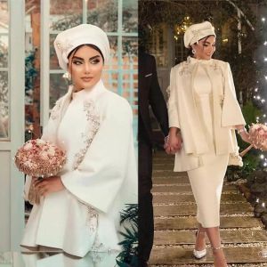 2022 Muslim Wedding Dresses Mermaid Bridal Gown With Jacket Long Sleeves Tea Length Crystals Lace Applique Arabic Custom Made Plus Size Vestido De Novia 403 403