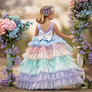 Unicorn Flower Girl Dress 2022 Puffy Lace Little Baby Girls Party Birthday Suknie Multi Colored Layers Kids Pageant Hi-Niski Księżniczka Śliczna First Communion Suknia z kokardą