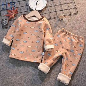 Roupa de roupa de veludo das crianças Conjuntos dos desenhos animados espessamento quente AutumnWinter Bebê Casa Roupa Meninos Meninas Pijama 210611