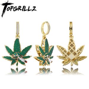 TOPGRILLZ Green Maple Leaf Pendant Ice Out Cubic Zirconia Pendant Bling CZ Charm Hip-hop Fashion Jewelry X0509