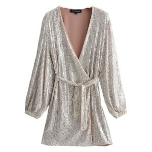 Silver Sequins Wrap Dress Lacing Up Waist Split Slim Fit Kvinnor Långärmad Te Tea Dresses Bow Tide Vestido Party 210429