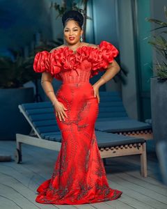 Plus Size 2022 Arabic Aso Ebi Red Luxurious Mermaid Prom Dresses Beaded Crystals Sexy Evening Formal Party Second Reception Gowns Dress ZJ443