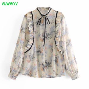 VUWWYV Retro Chiffon Ruffle Shirts for Women Chic Floral Print Button Up Shirt Woman Long Sleeve Belt Streetwear Ladies Tops 210430