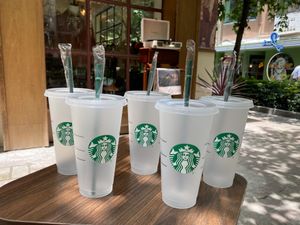 Starbucks Mermaid Goddess 24oz/710ml Plastikbecher, wiederverwendbar, durchsichtiger Trinkbecher mit flachem Boden, säulenförmiger Deckel, Strohbecher