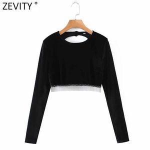 Zevity Kobiety O Neck Hem Tassel Velvet Krótkie Chic T Shirt Damskie Długie Rękaw Seksowne Backless Casual Slim Crop Tops LS7410 210603