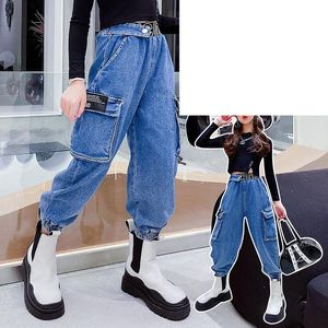 Jeans crianças meninas hip hop dance sweetpants primavera outono denim cargo calças para crianças outwear longo vestuário adolescente