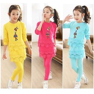 2-9 anos meninas conjuntos de roupas primavera desenhos animados pequeno lace camisa de manga longa + calças 2 pcs crianças terno crianças conjunto 211025