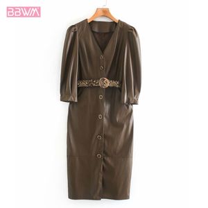With Belt Faux Leather Sexy V-Neck Sleeves Women's Dress Vintage Temperament Button Decoration Chic Female Midi Skirt 210507