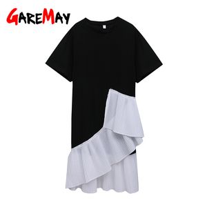 T-shirt allentata casual a maniche corte Abito in maglia nera da donna estiva in cotone Maix coreano Midi per donna 210428