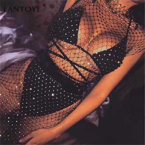 Fantoye Seksi Kristal Elmas Drwomen Hollow Out Rhinestone Bodycon Drummer Fishnet Mesh Plaj Giymek 2021 Parti Vestidos X0529