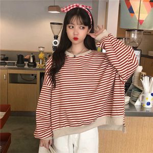 Sweatshirt Striped Harajuku Kvinna Höst Tunn Sektion Casual Koreansk Långärmad Loose Ins Sweet O-Neck Pullovers 210608