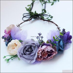 Hochzeitshaarschmuck Boho Blumenkranz k￼nstlicher lila Rose Floral Girlande Brautparty Dekoratives Haarband Beach Po Accessoire Drop Deliv