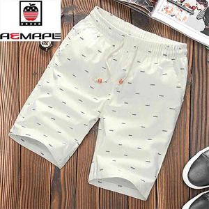 AEMAPE brand Elastic Waist Drawstring Cotton Shorts sale Men Summer Calf-length Design Fish bone printing Male 210712
