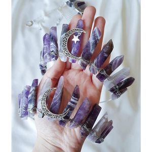 Hårklämmor Barrettes Raw Crystal Long Flat Crown Bodband Brud Tiara Goddess Wicca Party Wedding Accessories Gift