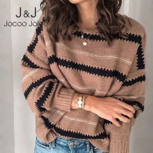 Jocoo Jolee Harajuku Lose Pullover Vintage Batwing Sleeve Gestreifte Gestrickte Pullover Casual Büro Dame Stricken Tops Elegante Tuch 210518