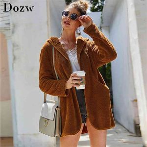 Kadınlar Faux Kürk Ceket Kaban Katı Uzun Kollu Sonbahar Kış Polar Hırka Rahat Dış Giyim Kapşonlu Cep Teddy 210515