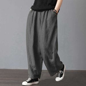 2021 neue Harem Hose Hanf Bloomer neue S-2XL Lose Frauen Hosen Baumwolle Leinen Gefaltete Oversize Taschen Breite Bein Hose Q0801