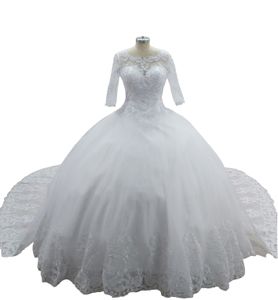 Lussuoso abito da ballo con maniche a 3/4, buco della serratura, corpetto posteriore, lunghezza del pavimento, con cattedrale staccabile, strascico enorme, abito da sposa da sposa 2021, stile Pinterest