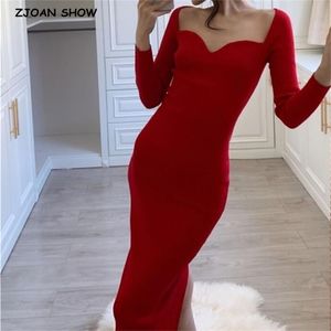 France Style Vintage Square Collar Knitting Sweater Dress Sexy Ladies Long sleeve Package Hips Bodycon Base Midi Dresses 210429