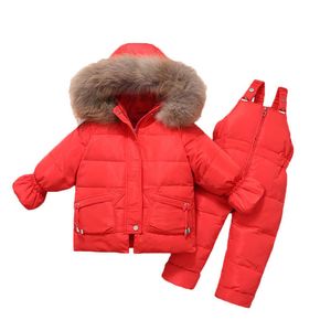 Infant snowsuit Winter jumpsuit for children 2pcs set Baby down coat for girl Toddler Overalls hooded fur collar warm H0909