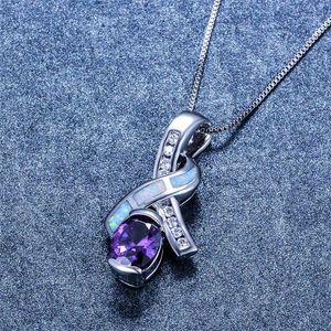 Collane con ciondolo Collana con zirconi ovali in cristallo viola Pietra geometrica bianco blu opale Pietra Boho Catena color argento per donna