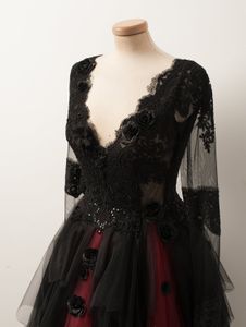2021 검은 어두운 붉은 고딕 웨딩 드레스 V 목 롱 슬리브 스팽글 레이스 주름 얇은 색 3D 꽃 A- 라인 색상 신부 가운 302x