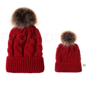 NEWPompom Ball Knitted Hat Winter Warm Women Parent-child Knitting Caps Twist Knit Beanies Imitation Braid Hair Ball Wool Cap RRB12071