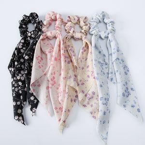 Cravatte per capelli in chiffon con fiocco stampato floreale Scrunchies Nastro lungo Corda per capelli Elastici in gomma Accessori per capelli con coda di cavallo