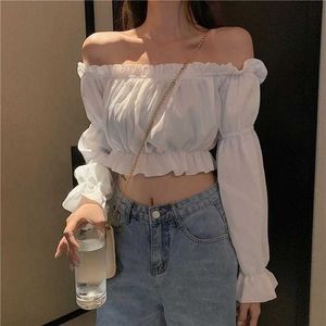 Spring Blouse One-word Shoulder Chiffon Solid Cotton Tops Female Elegant Casual Tops for Women Slim White Shirt Black 14315 210527