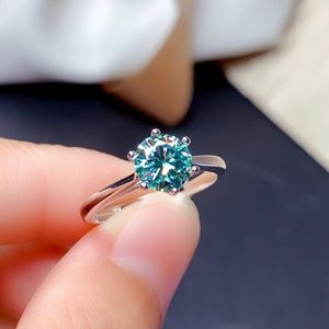 Blue Green Moissanite Ring 1CT 6.5MM VVS Lab Diamond Tested Passed Fashion Jewelry with Certificate Real 925 Sterling Silver