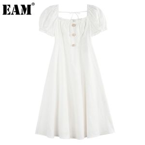 [EAM] Kadınlar Beyaz Ruffles Zarif Elbise Kare Boyun Kısa Puf Kol Gevşek Fit Moda İlkbahar Yaz 1dD7854 210512