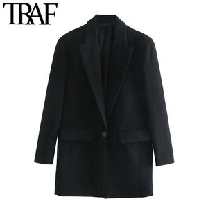 Women Fashion Oversized Single Button Blazers Coat Vintage Long Sleeve Pockets Female Outerwear Chic Tops 210507