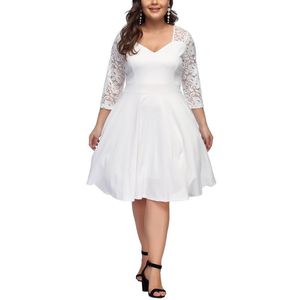 Plus Size Sukienki Biała Koronkowa Sukienka Party Kobiety 2021 Wiosna Jesień Kobieta V Neck Hollow Out Sleeve Casual Odzież