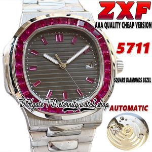 ZXF 5711 Orologio da uomo meccanico automatico Ruby Iced Out T Diamond inlay lunetta Quadrante grigio Texture Bracciale in acciaio inossidabile 316L Versione promozionale Orologi Eternity